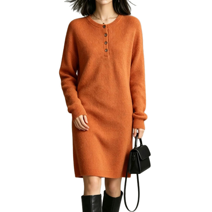 Damen Midilanges Strickkleid mit Henley-Leiste und gerippten Bündchen – Élara