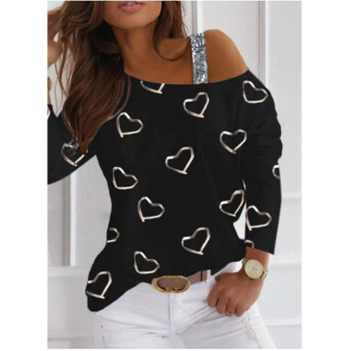Damen Off-Shoulder Strickpullover mit Herzprint und Paillettenträger Echoarchiv