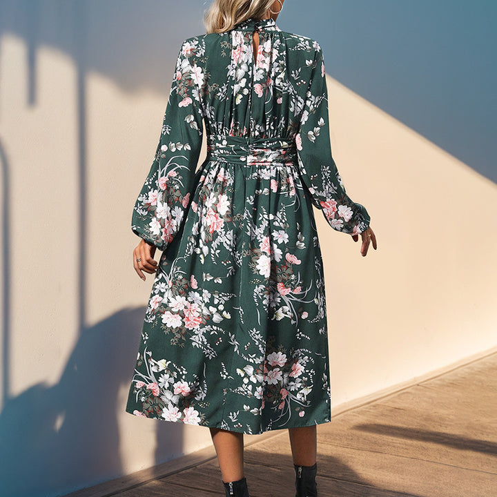 Damen Midikleid mit floralem Alloverprint, Stehkragen und Drapiertem Taillengürtel Echoarchiv