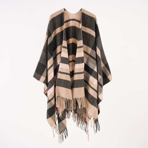 Damen Wollmix-Ruana im kastigen Oversize mit großem Karo und Fransensaum Echo Archiv