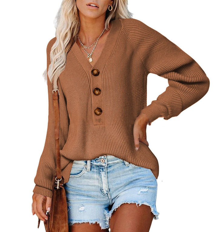 Damen Gerippter Strickpullover mit V‑Ausschnitt, Zierknopfleiste und Ballonärmeln Echoarchiv