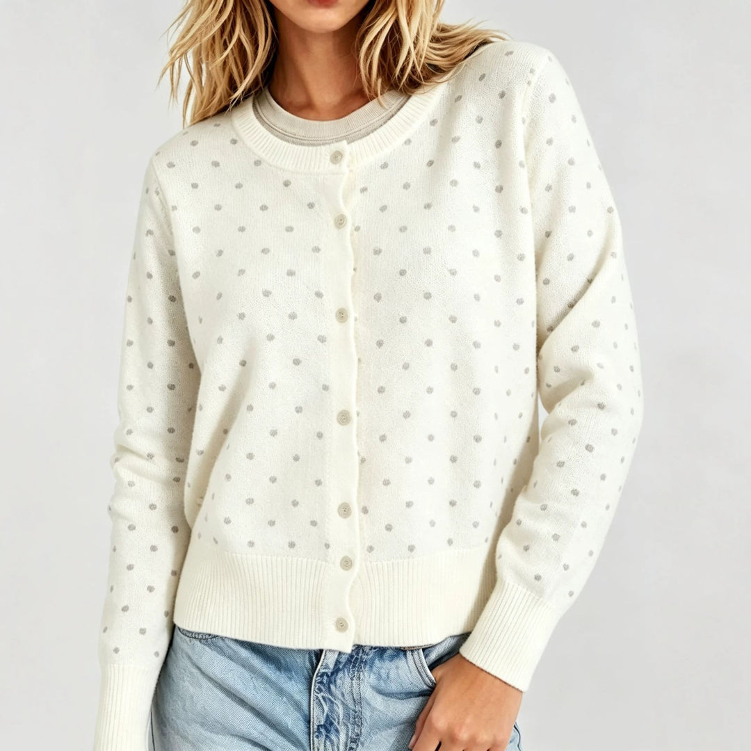 Damen Gepunktete Feinstrick-Cardigan mit Rundhals und Rippbündchen – Veloura