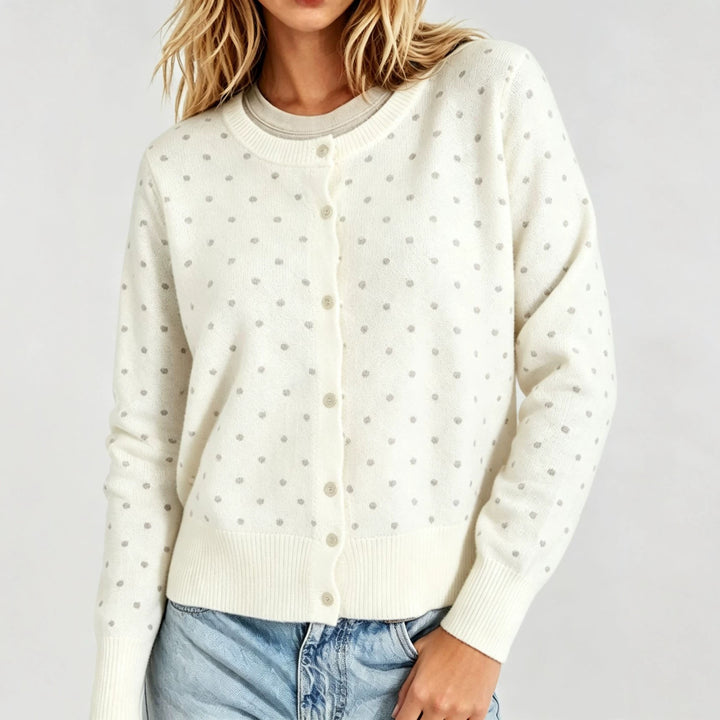 Damen Gepunktete Feinstrick-Cardigan mit Rundhals und Rippbündchen – Veloura