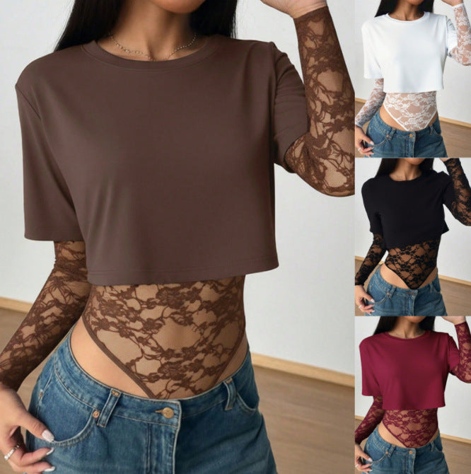 Damen Kurzschnitt-Shirt mit transparentem Spitzen-Bodysuit-Overlay Echo Archiv