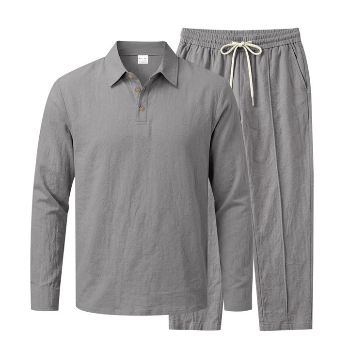 Herren Leichtes Leinen-Lounge-Set mit Henley-Kragen und elastischer Bundhose Echoarchiv