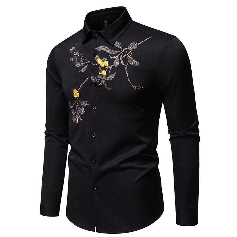 Herren Elegant besticktes Langarmhemd Echoarchiv