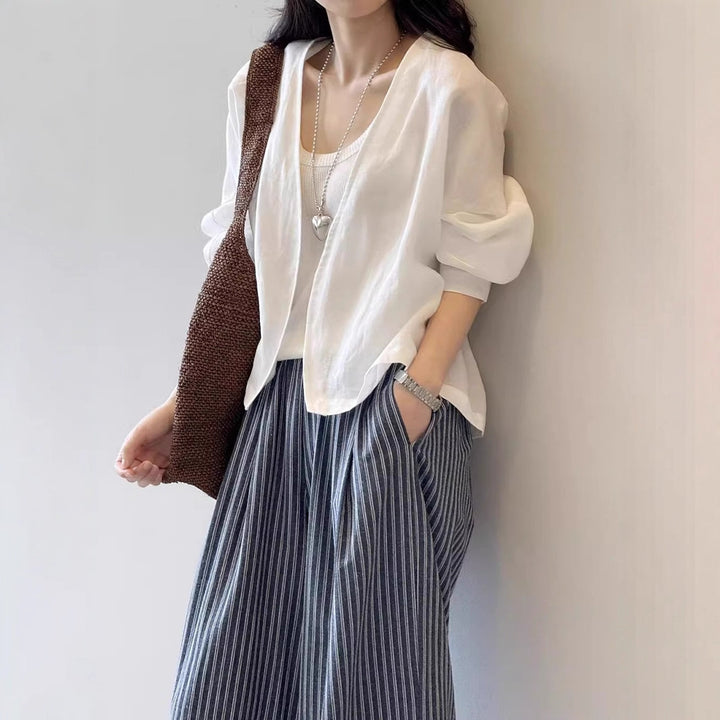 Damen Oversize-Kimonojacke aus Leinenmix mit offenem Fall und weiten Ärmeln Echoarchiv