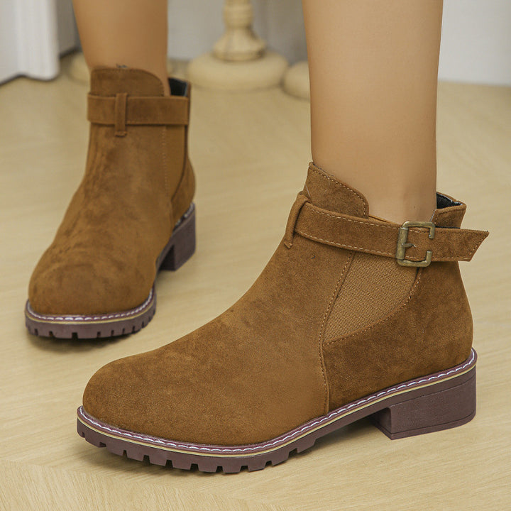 Damen kurze Ankle-Boots im Vintage-Velours-Look mit Schnallenriemen und profilierter Gummisohle Echo Archiv