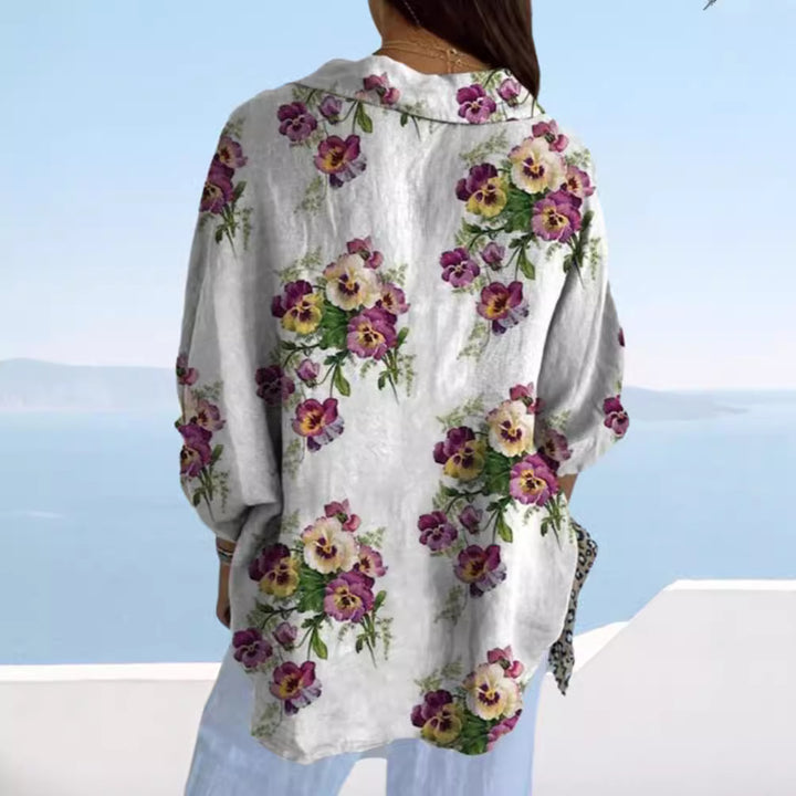 Damen nan leichte Leinenoptik-Hemdbluse mit Blumenmuster, lockerem Schnitt, krempelbaren Ärmeln und Eingrifftaschen Echo Archiv