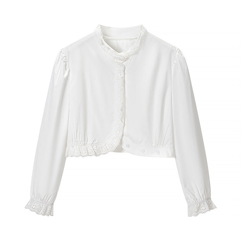 Damen Gekürzte Spitzenbolero‑Bluse mit Stehkragen und Lochstickerei Echo Archiv