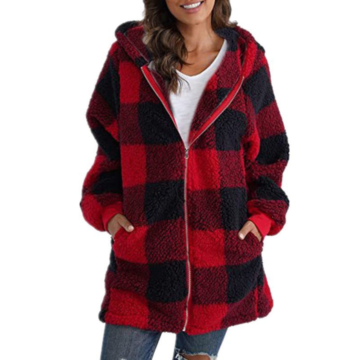 Damen Kariertes Teddy-Fleece-Mantel mit Kapuze und Reißverschluss Echo Archiv