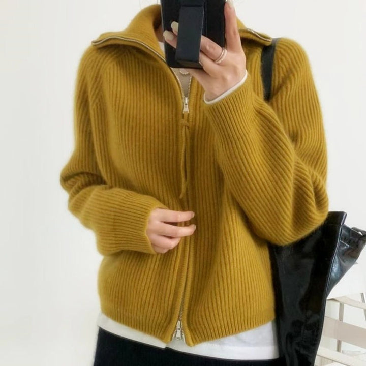 Damen Oversize-Strickjacke mit Reißverschluss, Stehkragen und gerippter Struktur Echoarchiv