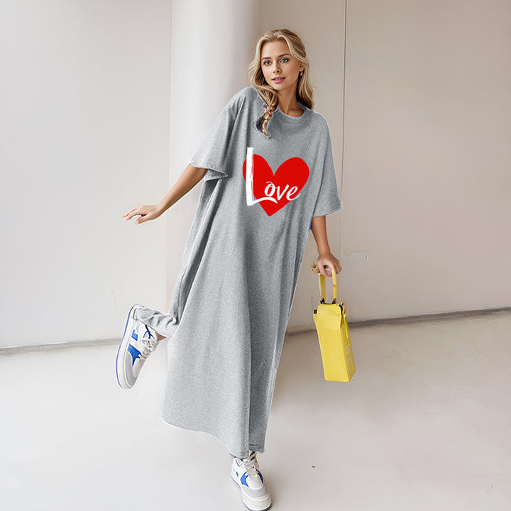 Damen locker geschnittenes Maxikleid mit großem Herzgrafikprint und Rundhalsausschnitt – Valéora