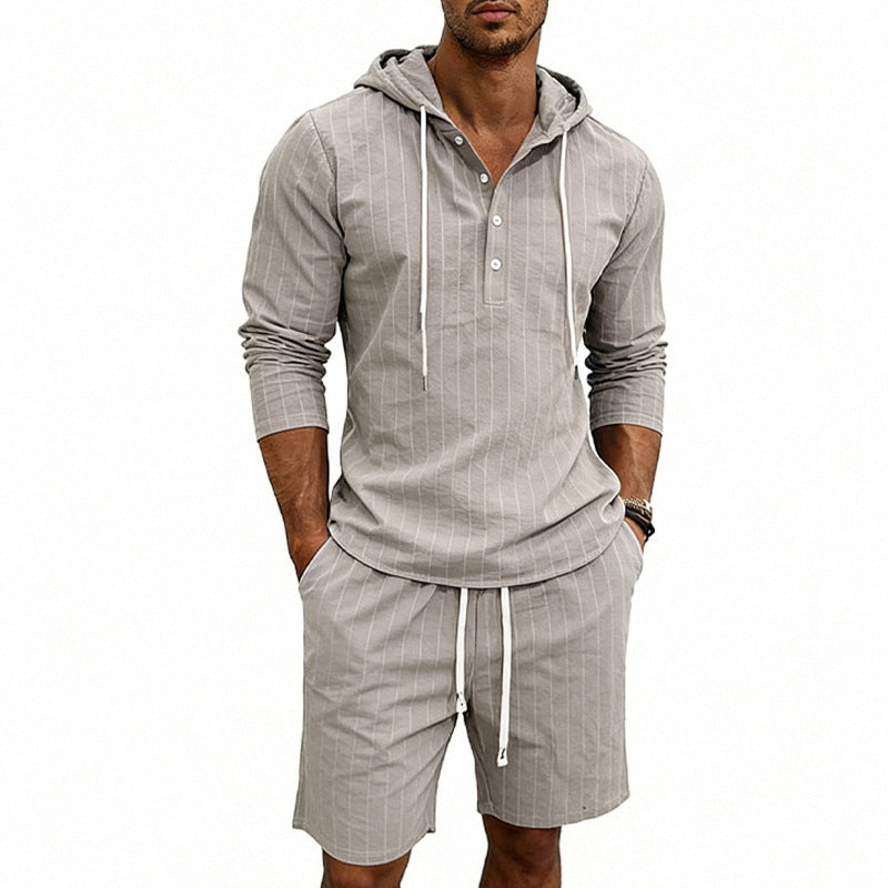 Herren nan gestreiftes Leinenoptik-Kapuzen-Henley-Set mit Tunnelzug-Shorts Echo Archiv