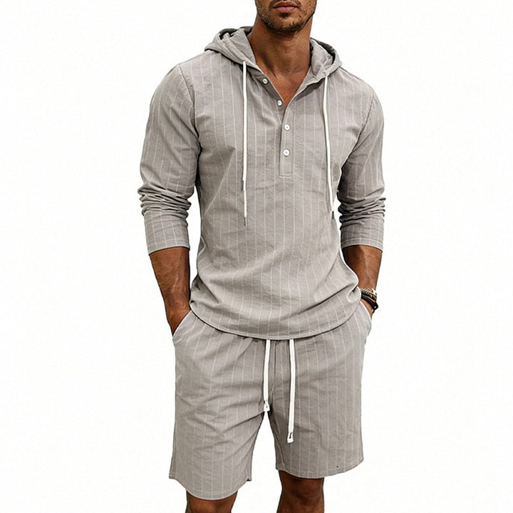 Herren nan gestreiftes Leinenoptik-Kapuzen-Henley-Set mit Tunnelzug-Shorts Echo Archiv