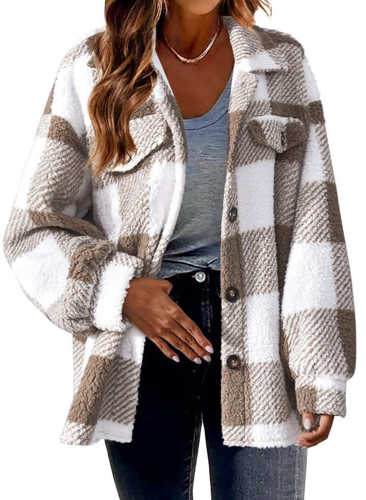 Damen nan kuschelige Sherpa-Karo-Übergangsjacke mit Brusttaschen und großzügigem Oversize-Schnitt Echo Archiv