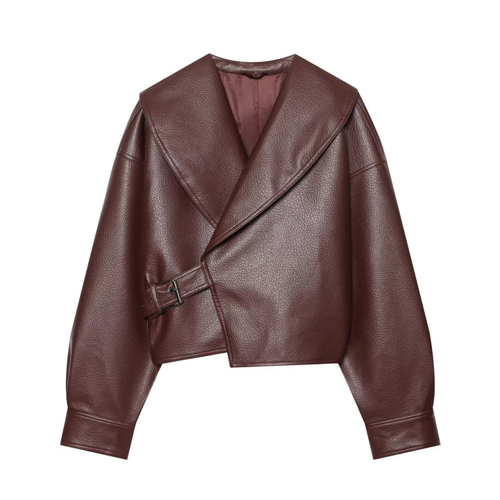 Damen Boxy Cropped Blousonjacke aus Kunstleder mit überlappendem Schalkragen und Taillenriemen Echo Archiv