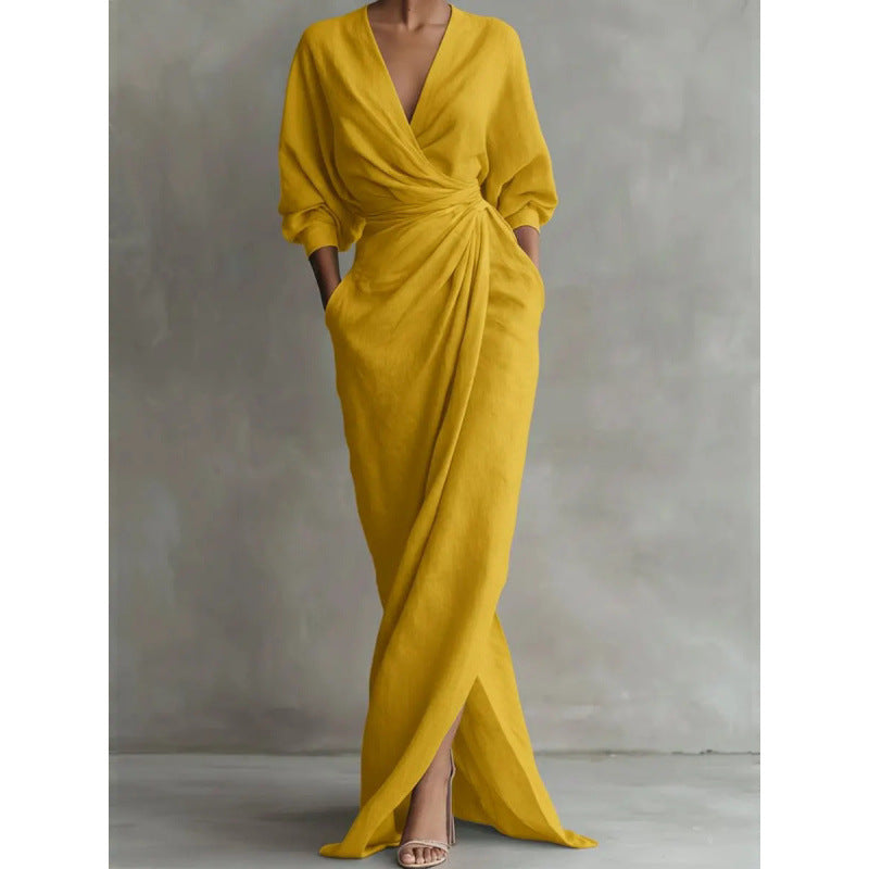 Damen Drapiertes Wickel-Maxikleid mit tiefem V-Ausschnitt, Taillen-Twist und Eingrifftaschen – Valéora