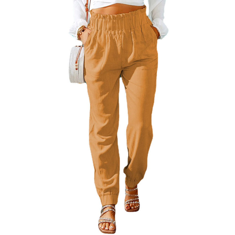 Damen Hochtaillierte Leinenoptik-Joggerhose mit elastischem Rüschbund und Eingrifftaschen Echoarchiv