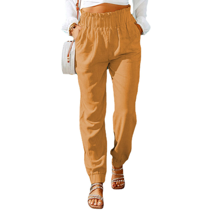 Damen Hochtaillierte Leinenoptik-Joggerhose mit elastischem Rüschbund und Eingrifftaschen Echoarchiv