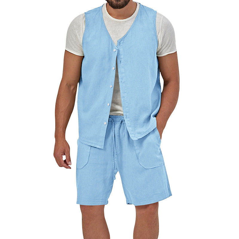 Herren nan zweiteiliges Freizeit-Set mit ärmelloser Knopfweste und weiten Kordelzug-Shorts mit aufgesetzten Taschen Echo Archiv