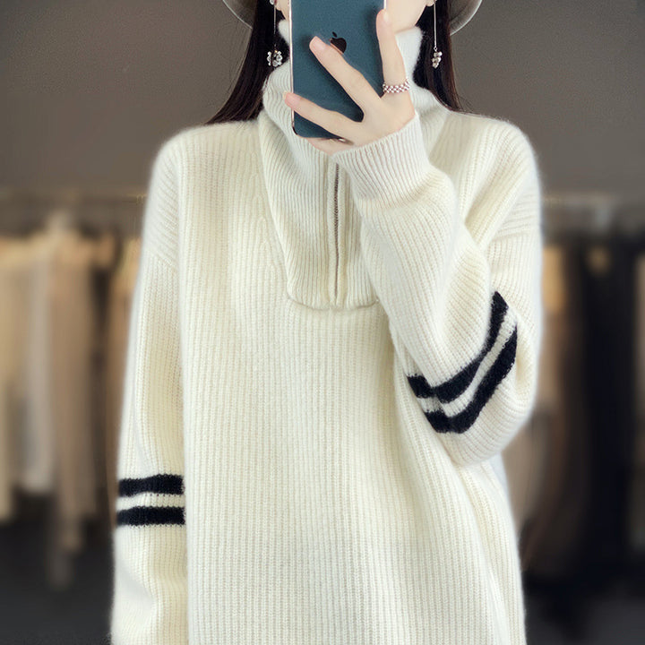 Damen Rippenstrick-Pullover mit halbem Reißverschluss, hohem Stehkragen und lässiger Passform Echoarchiv