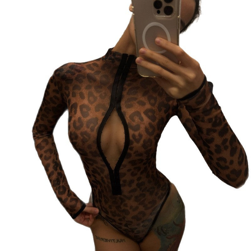 Damen Modischer Bodysuit mit tiefem V-Ausschnitt und Leopardenmuster Echo Archiv