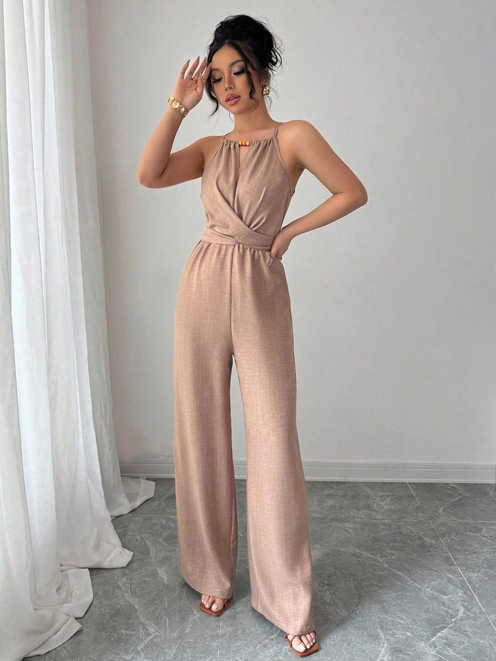 Damen Ärmelloser Neckholder-Jumpsuit mit Wickeloberteil und weitem Bein Echo Archiv