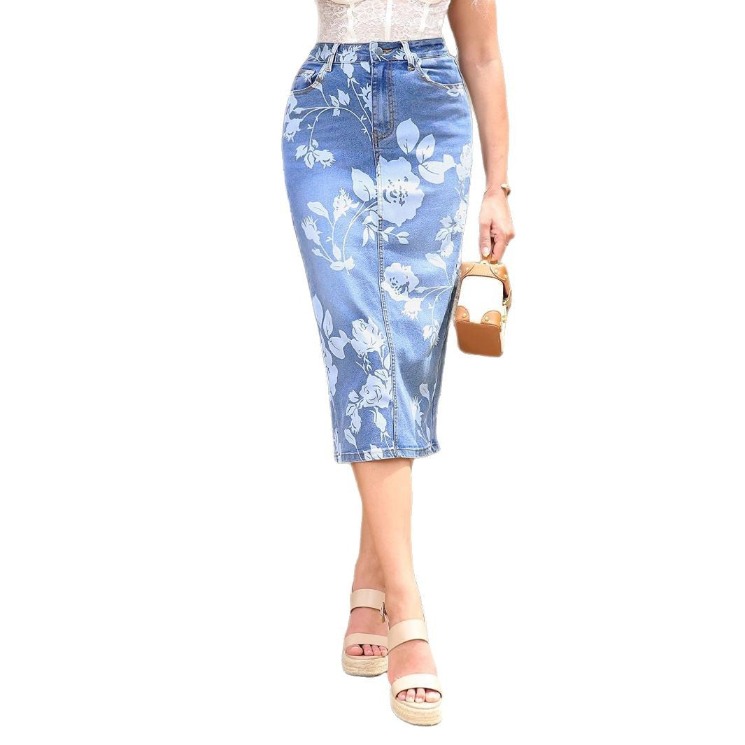 Damen taillenhoher floraler Denim-Bleistiftrock (Midi) Echo Archiv