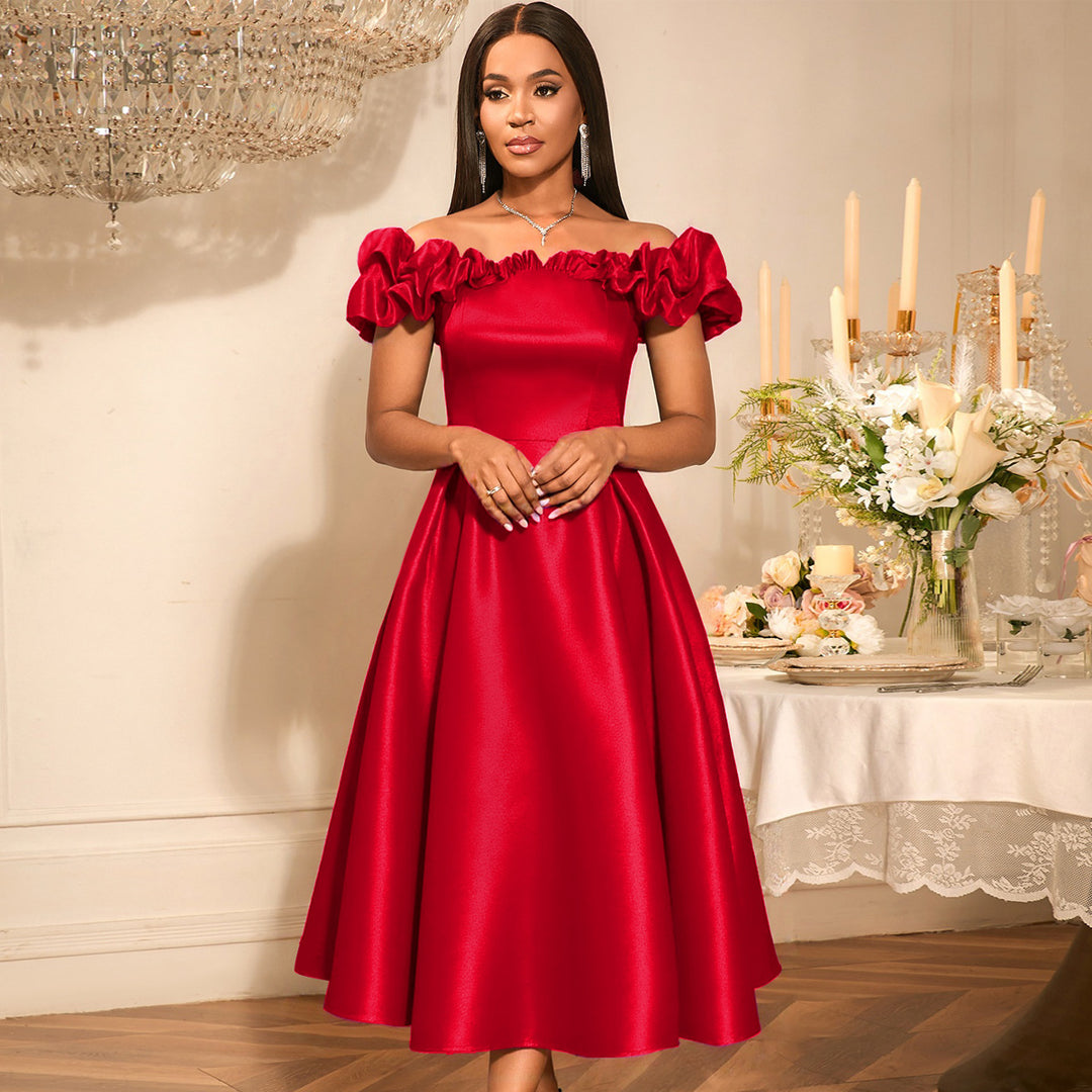 Damen Cocktailkleid mit schulterfreiem Design und voluminösen Rüschendetails Echo Archiv