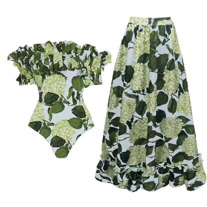 Damen Einteiler Badeanzug mit voluminösen Rüschendetails und floralem Design Echo Archiv