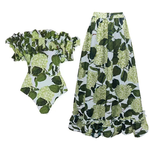 Damen Einteiler Badeanzug mit voluminösen Rüschendetails und floralem Design Echo Archiv