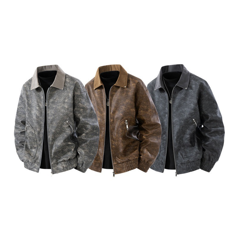 Herren Nano Vintage Lederlook Bomberjacke mit Cordkragen, zwei Reißverschlusstaschen und elastischem Saum – Brevano