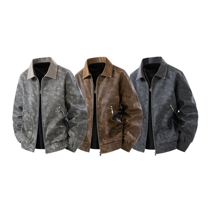 Herren Nano Vintage Lederlook Bomberjacke mit Cordkragen, zwei Reißverschlusstaschen und elastischem Saum – Brevano
