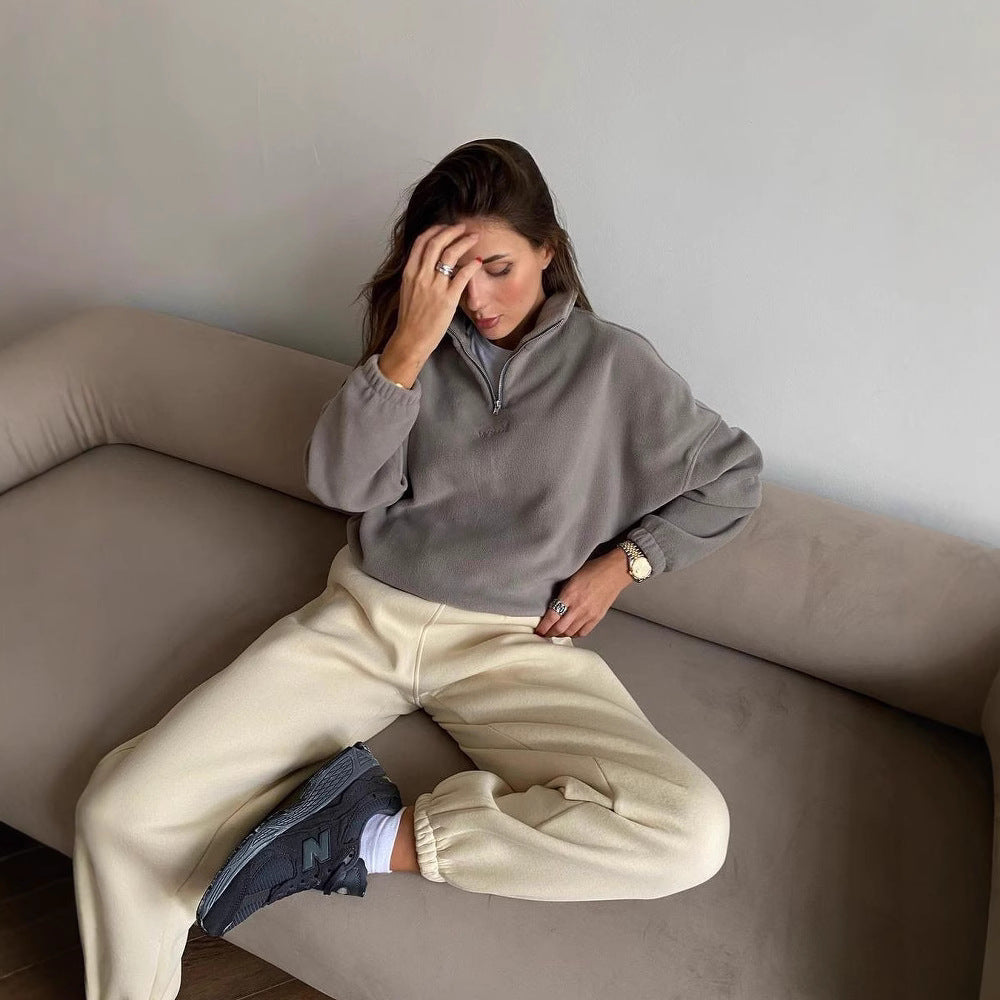 Damen Fleece-Halbzip-Sweatshirt oversized mit Stehkragen, Kängurutasche-Optik und elastischen Bündchen Echoarchiv