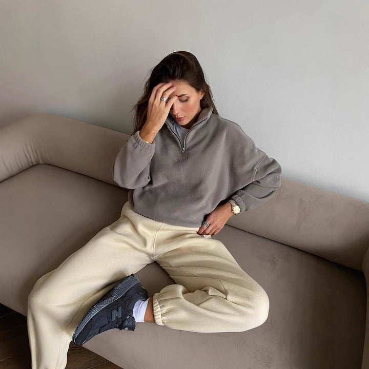 Damen Fleece-Halbzip-Sweatshirt oversized mit Stehkragen, Kängurutasche-Optik und elastischen Bündchen Echoarchiv