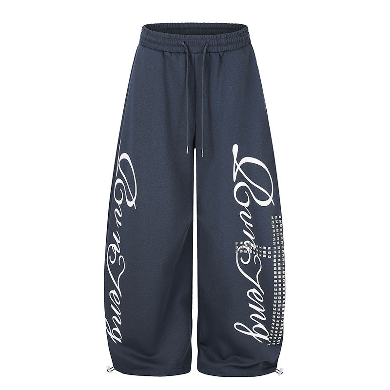 Damen Palazzo-Sweatpants im Culotte-Stil mit hohem Bund, Tunnelzug, Schriftprint und Strassbesatz Echoarchiv