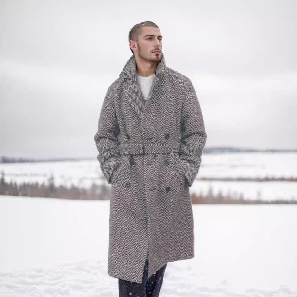 Herren eleganter Wollmantel mit Fischgrätmuster Echoarchiv