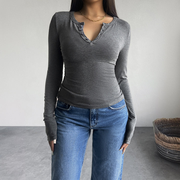 Damen tailliertes Henley-Longsleeve mit Stretchjersey und Daumenloch – Avérine