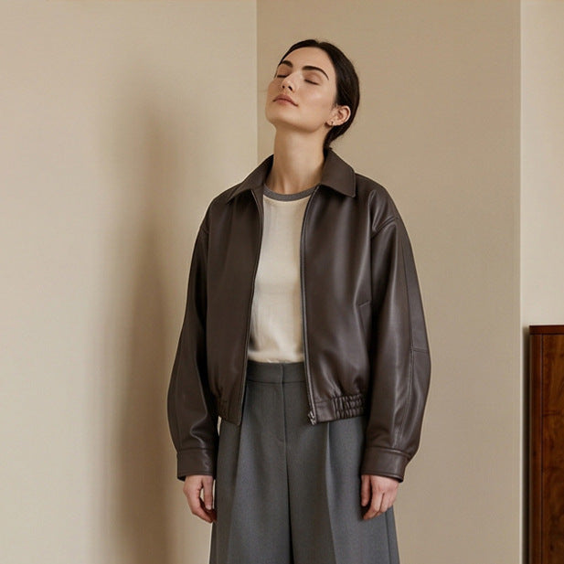 Damen Boxy-Cropped Kunstlederjacke mit verdecktem Reißverschluss und elastischem Saum Echoarchiv