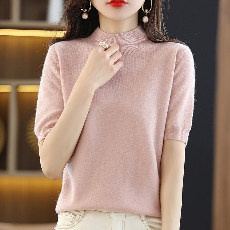 Damen Kurzärmeliger Feinstrick-Pullover mit halbem Rollkragen Echoarchiv