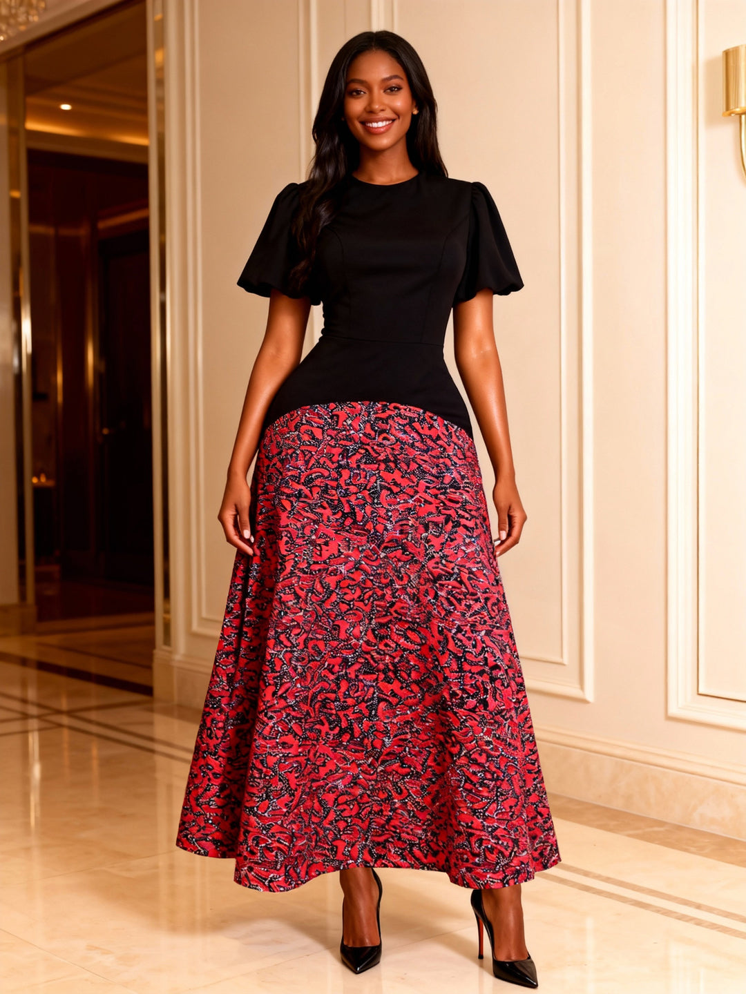 Damen Elegantes Maxikleid mit grafischem Muster und Puffärmel Echo Archiv