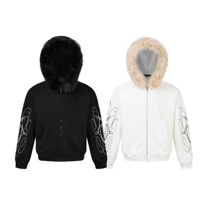 Unisex Oversize Kapuzenjacke aus Baumwollmix mit abnehmbarem Kunstfellbesatz und grafischen Ärmeldrucken Echoarchiv