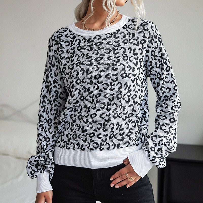 Damen Leichter Strukturstrick-Pullover mit Leoparden-Jacquard und geripptem Rundhalsausschnitt Echoarchiv