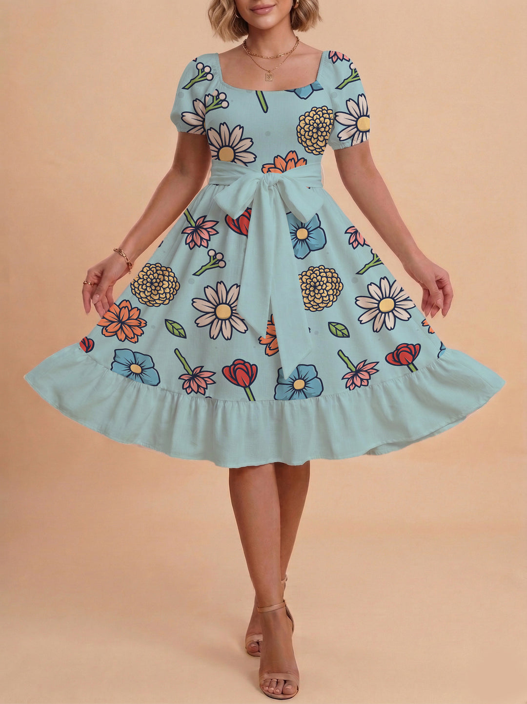 Damen Midi Kleid mit elegantem Blumendruck und tailliertem Gürtel Echo Archiv