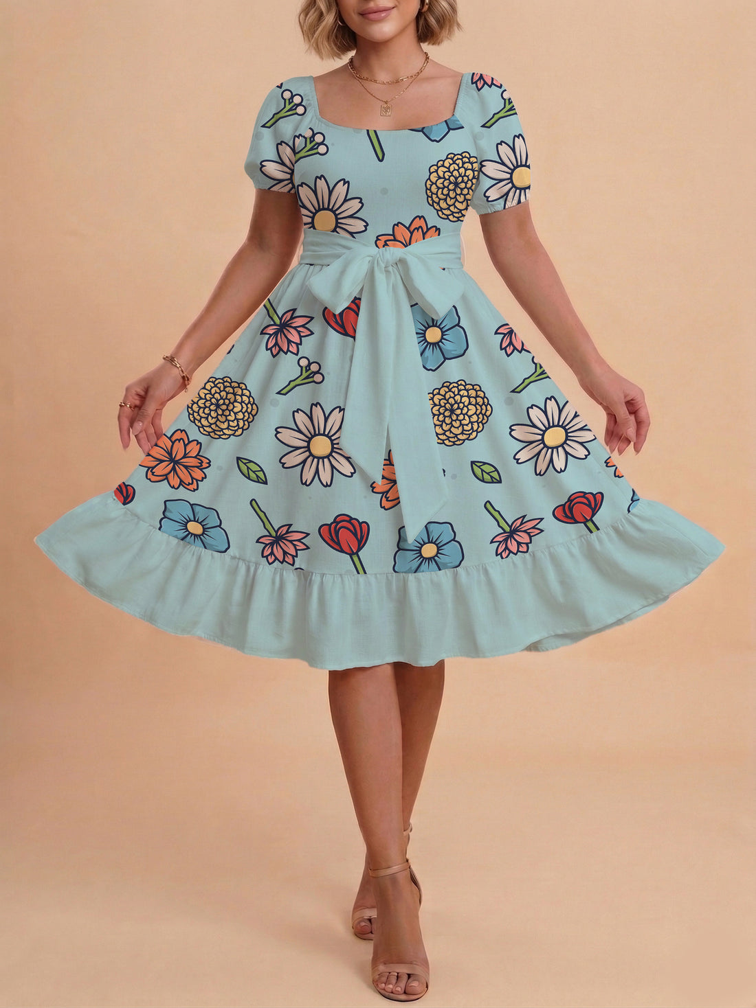 Damen Midi Kleid mit elegantem Blumendruck und tailliertem Gürtel – Élara