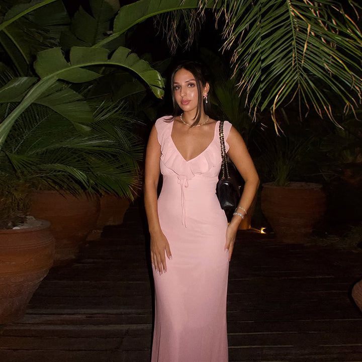 Damen figurbetontes Maxikleid mit Rüschendetails und V-Ausschnitt Echo Archiv