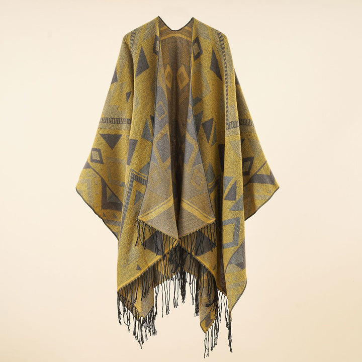 Damen Gewebter Ruana-Umhang aus Wollmix mit grafischem Ethno-Jacquard und langen Fransen – Avérine