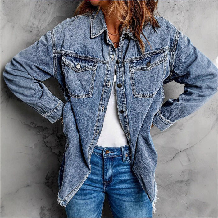 Damen Oversized Denim‑Hemdjacke mit Pattentaschen, Used‑Look und rohem Saum Echo Archiv