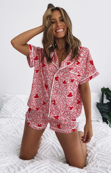 Damen Kurzarm-Pyjama-Set mit verspieltem Schleifenmuster Echoarchiv